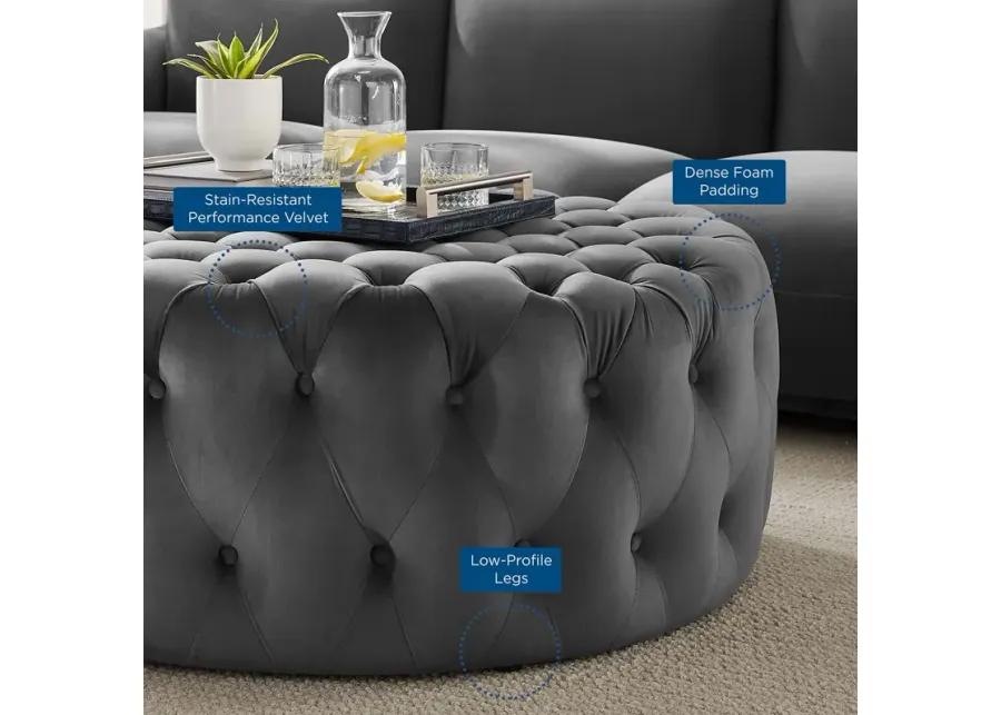 Amour Tufted Button Large Round Performance Velvet Ottoman