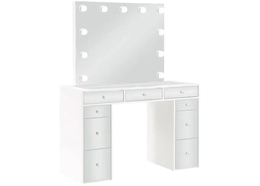 Regina 3-piece Makeup Vanity Table Set Hollywood Lighting White and Mirror