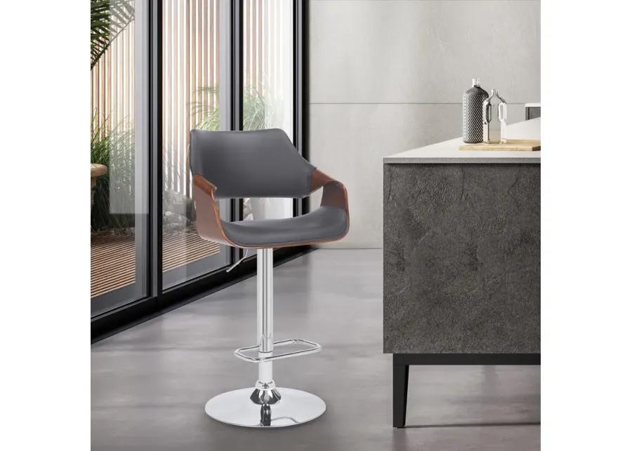 Aspen Adjustable Swivel Grey Faux Leather and Walnut Wood Bar Stool with Chrome Base