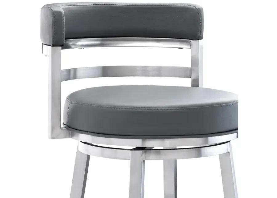 Madrid 26" Counter Height Swivel Grey Faux Leather and Brushed Stainless Steel Bar Stool