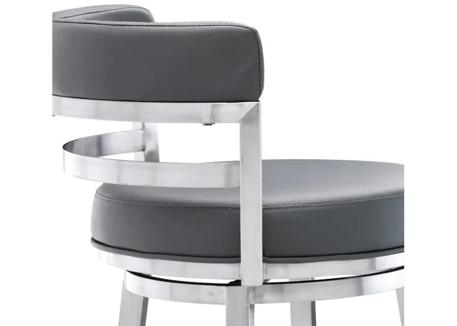 Madrid 26" Counter Height Swivel Grey Faux Leather and Brushed Stainless Steel Bar Stool