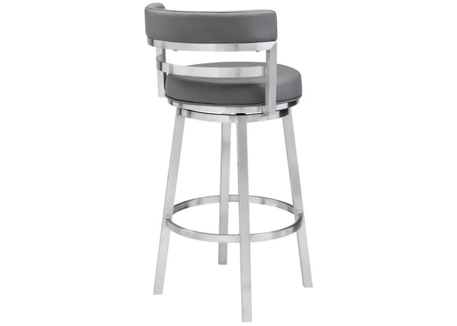 Madrid 26" Counter Height Swivel Grey Faux Leather and Brushed Stainless Steel Bar Stool