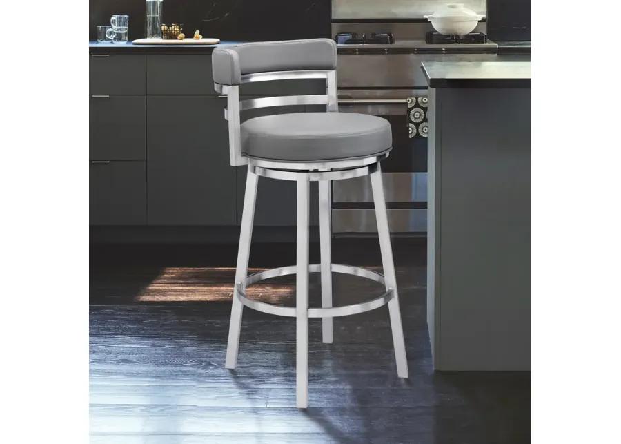 Madrid 26" Counter Height Swivel Grey Faux Leather and Brushed Stainless Steel Bar Stool