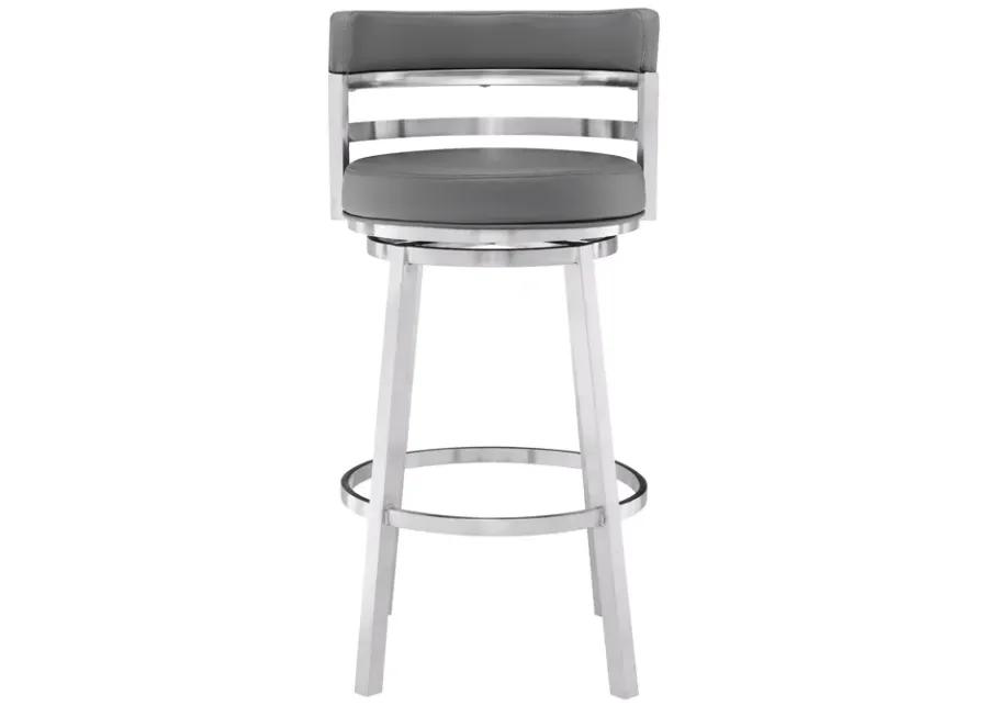 Madrid 26" Counter Height Swivel Grey Faux Leather and Brushed Stainless Steel Bar Stool