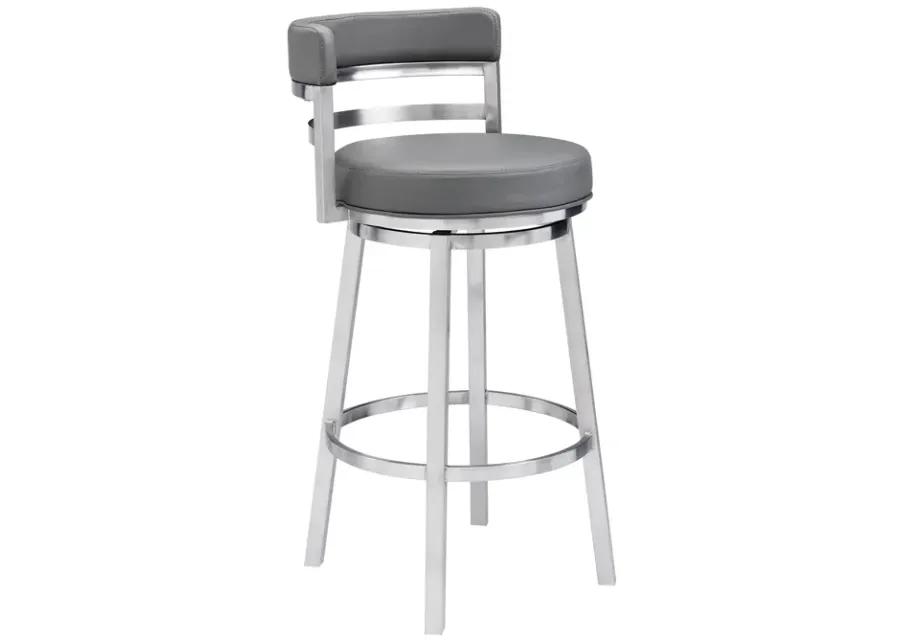 Madrid 26" Counter Height Swivel Grey Faux Leather and Brushed Stainless Steel Bar Stool