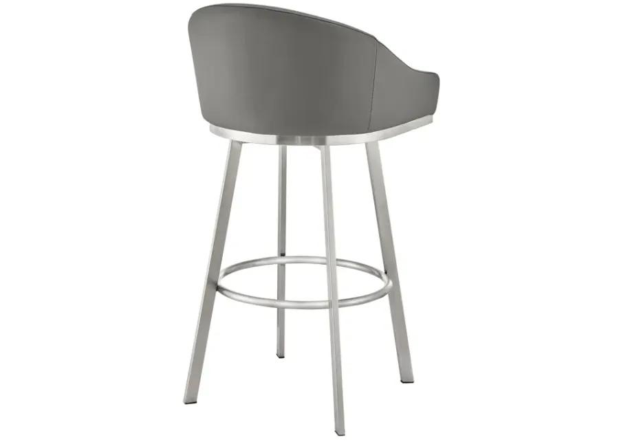 Noran Swivel Bar Stool in Brushed Stainless Steel with Gray Faux Leather