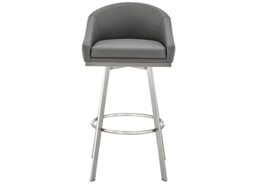 Noran Swivel Bar Stool in Brushed Stainless Steel with Gray Faux Leather