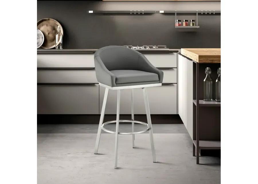 Noran Swivel Bar Stool in Brushed Stainless Steel with Gray Faux Leather