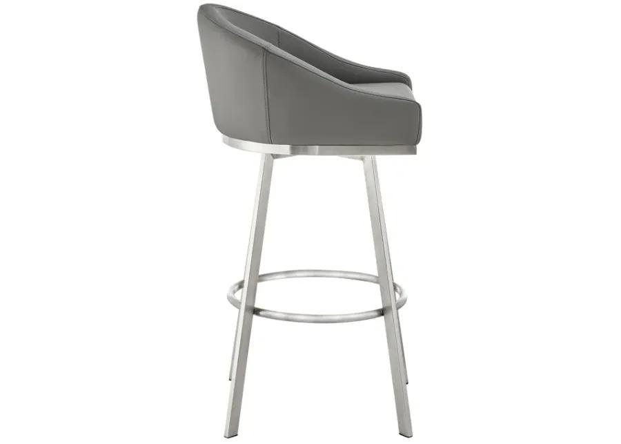 Noran Swivel Bar Stool in Brushed Stainless Steel with Gray Faux Leather