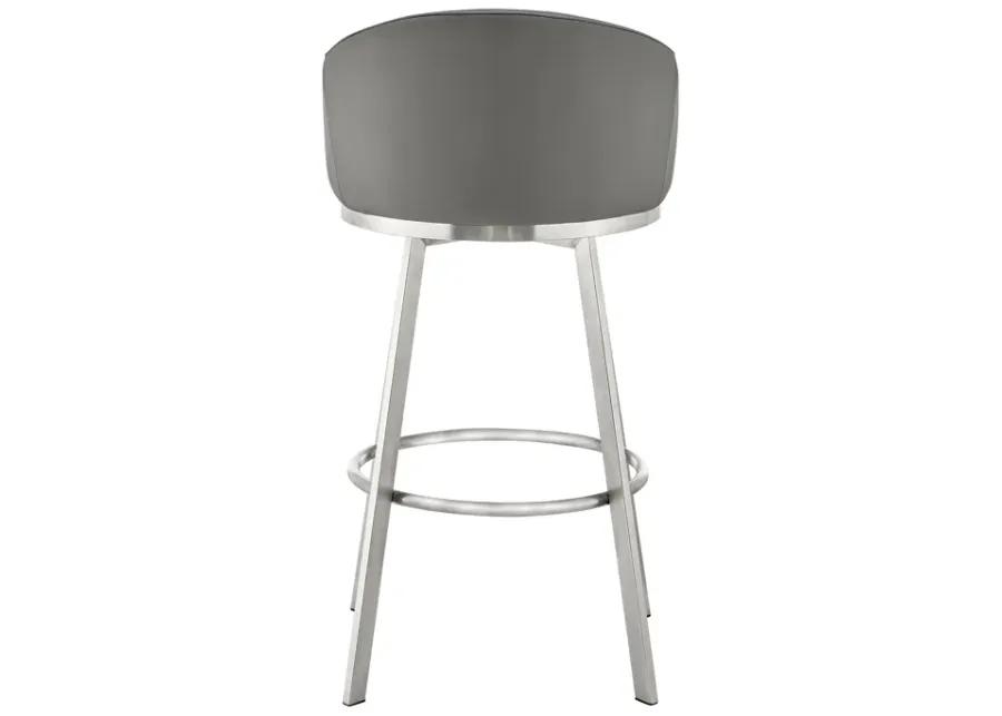 Noran Swivel Bar Stool in Brushed Stainless Steel with Gray Faux Leather