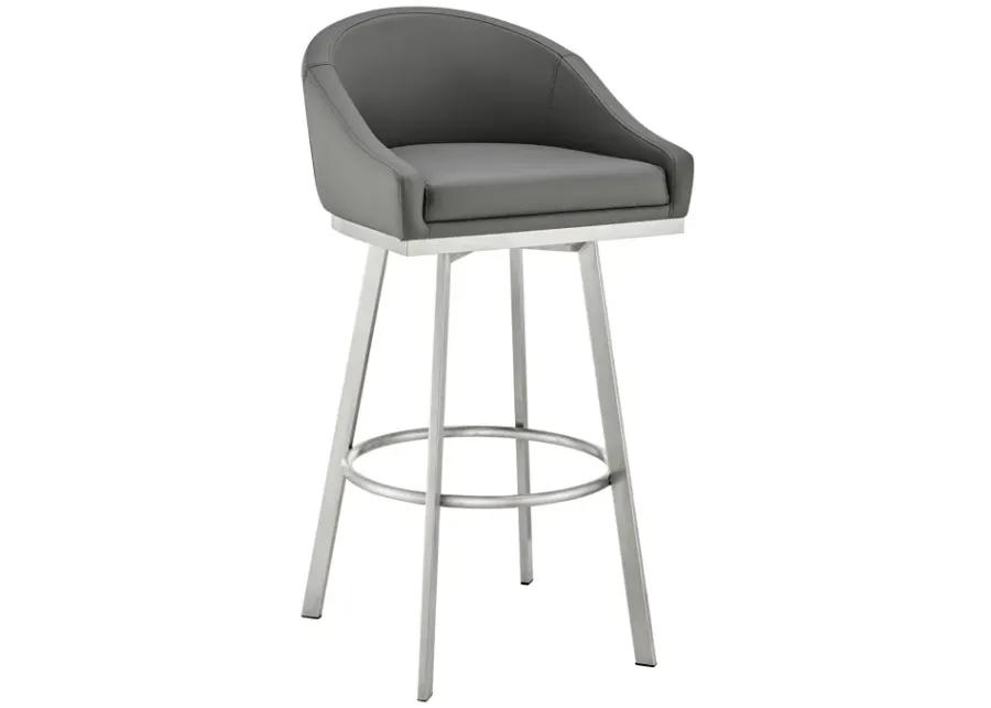 Noran Swivel Bar Stool in Brushed Stainless Steel with Gray Faux Leather