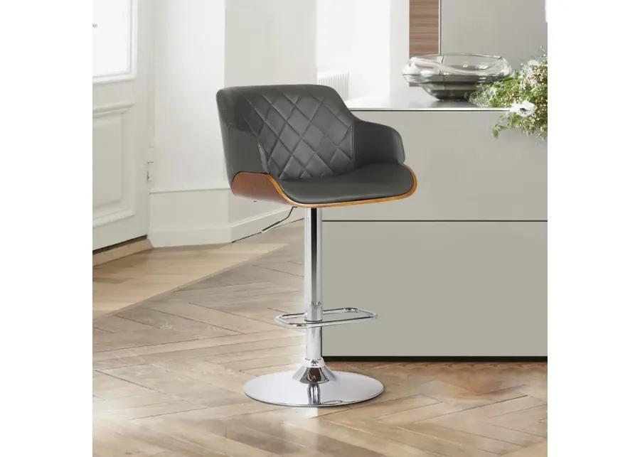 Toby Grey Faux Leather Adjustable Height Swivel Walnut Wood and Chrome Bar Stool