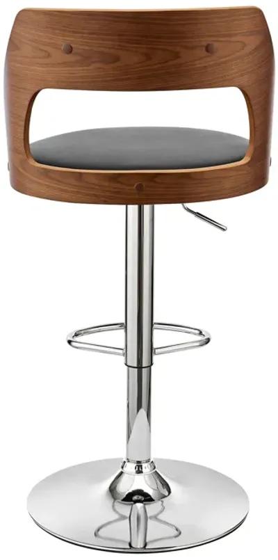 Paulo Adjustable Swivel Black Faux Leather and Walnut Wood Bar Stool with Chrome Base