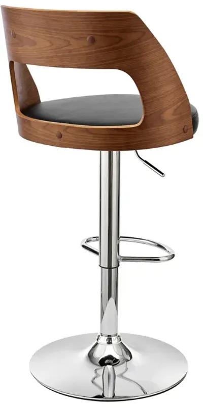 Paulo Adjustable Swivel Black Faux Leather and Walnut Wood Bar Stool with Chrome Base