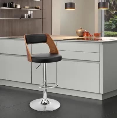 Paulo Adjustable Swivel Black Faux Leather and Walnut Wood Bar Stool with Chrome Base