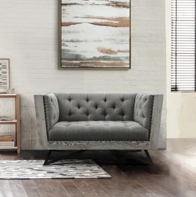 Regis Contemporary Chair in Gray Fabric with Black Metal Finish Legs and Antique Brown Nailhead Accents