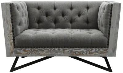 Regis Contemporary Chair in Gray Fabric with Black Metal Finish Legs and Antique Brown Nailhead Accents