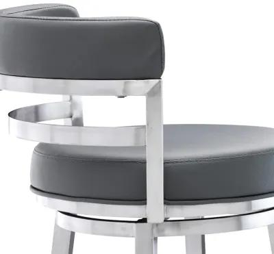 Titana 30" Bar Height Swivel Gray Faux Leather and Brushed Stainless Steel Bar Stool