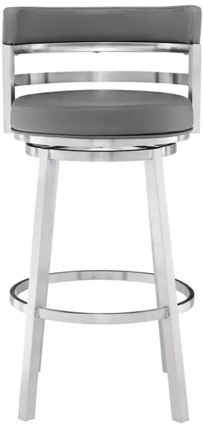 Titana 30" Bar Height Swivel Gray Faux Leather and Brushed Stainless Steel Bar Stool