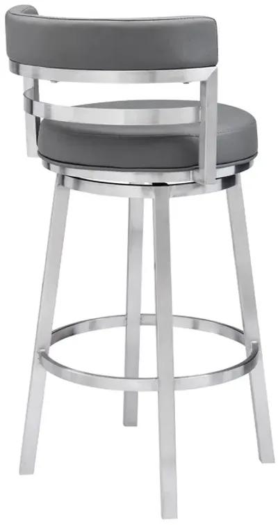 Titana 30" Bar Height Swivel Gray Faux Leather and Brushed Stainless Steel Bar Stool