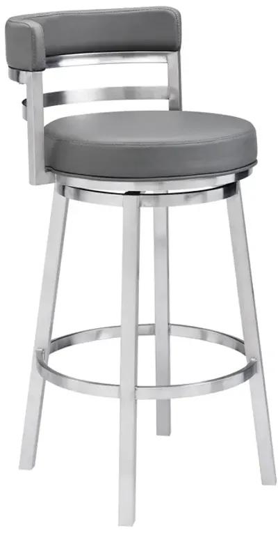 Titana 30" Bar Height Swivel Gray Faux Leather and Brushed Stainless Steel Bar Stool