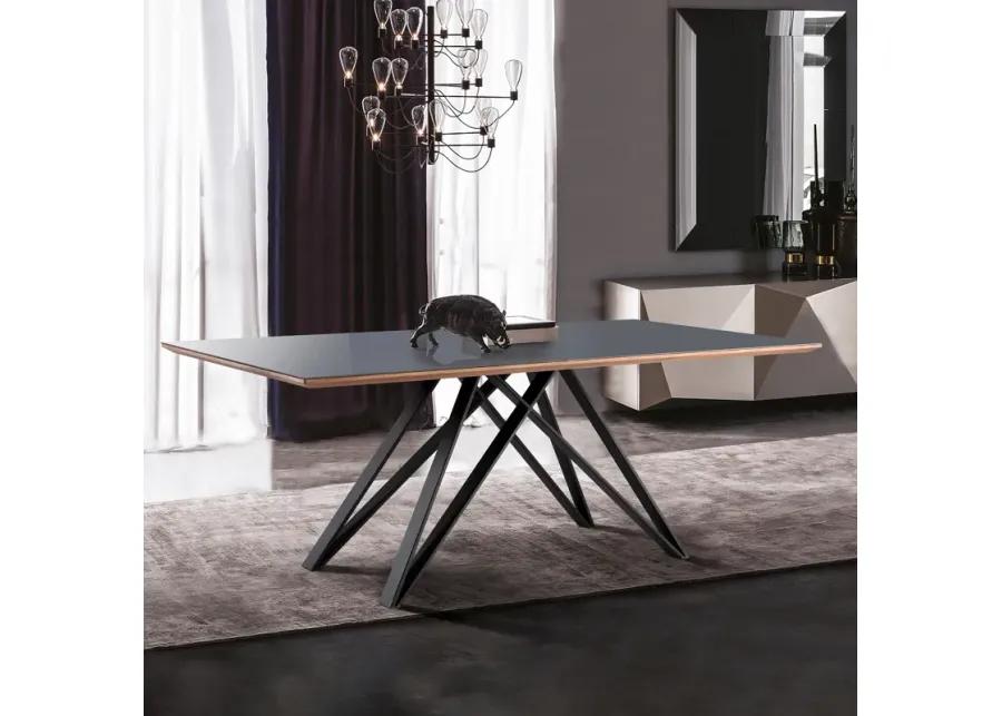 Urbino Mid-Century Dining Table in Matte Black Finish with Walnut and Dark Gray Glass Top