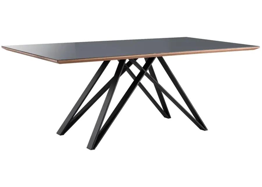 Urbino Mid-Century Dining Table in Matte Black Finish with Walnut and Dark Gray Glass Top