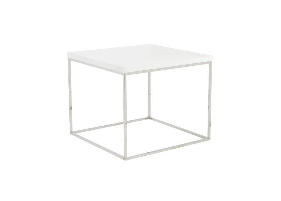 Teresa Square Side Table in White with Polished Stainless Steel Base