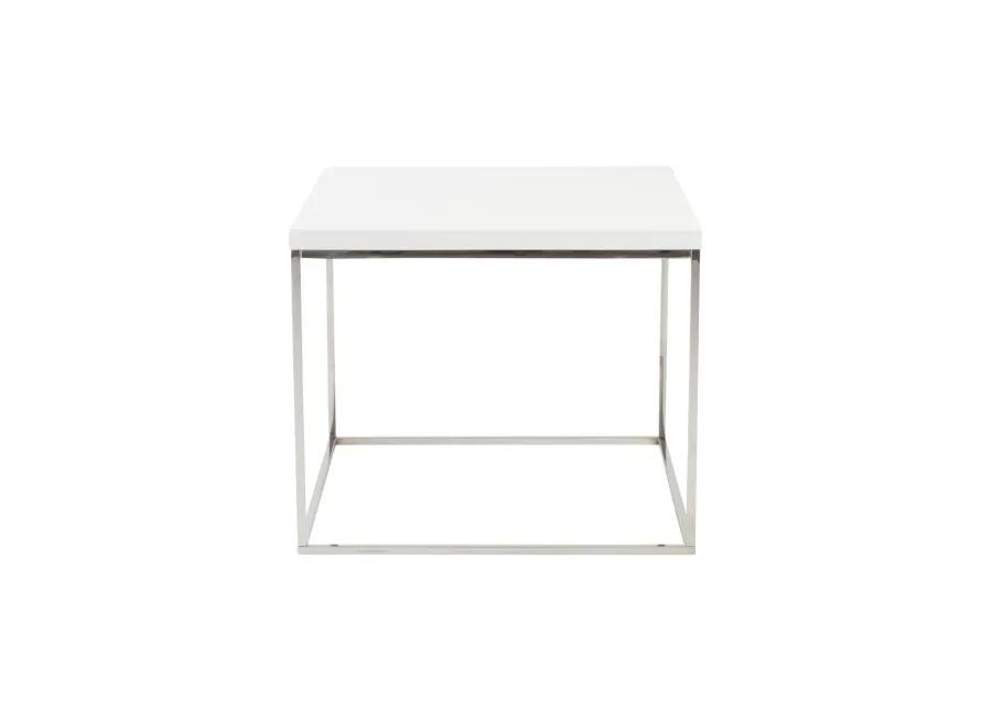 Teresa Square Side Table in White with Polished Stainless Steel Base