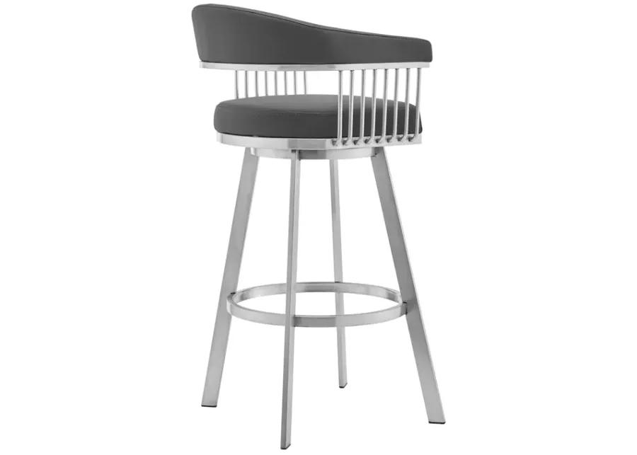 Bronson 25" Gray Faux Leather and Brushed Stainless Steel Swivel Bar Stool