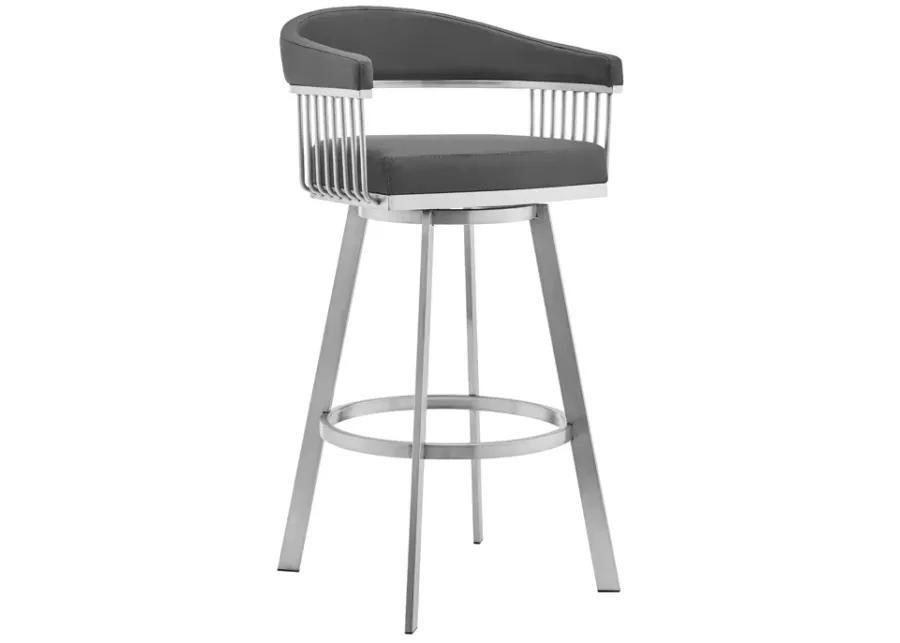 Bronson 25" Gray Faux Leather and Brushed Stainless Steel Swivel Bar Stool