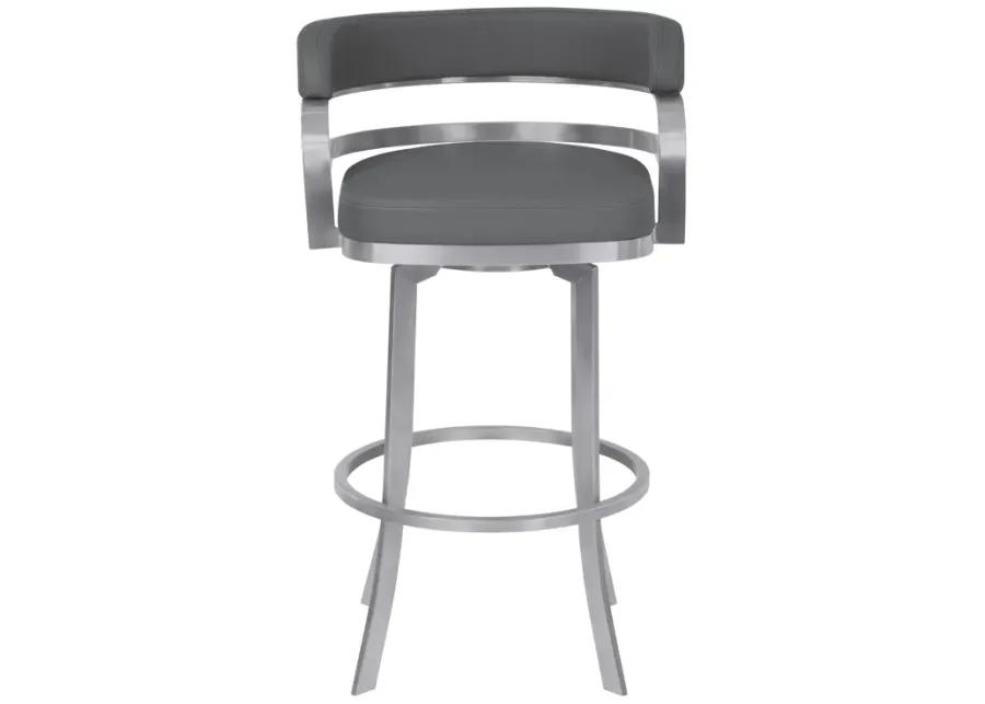 Prinz 30" Bar Height Swivel Grey Faux Leather and Brushed Stainless Steel Bar Stool