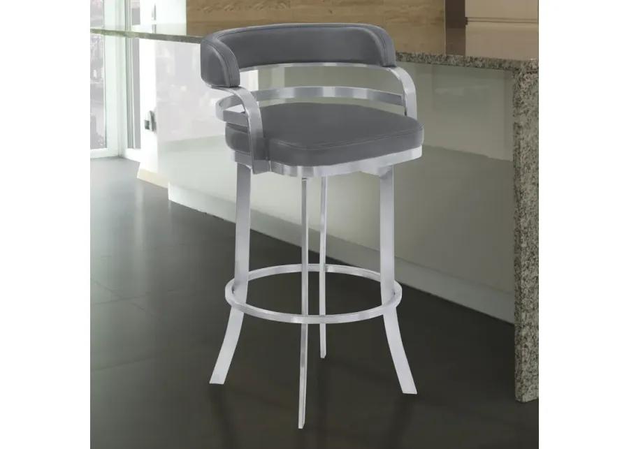 Prinz 30" Bar Height Swivel Grey Faux Leather and Brushed Stainless Steel Bar Stool