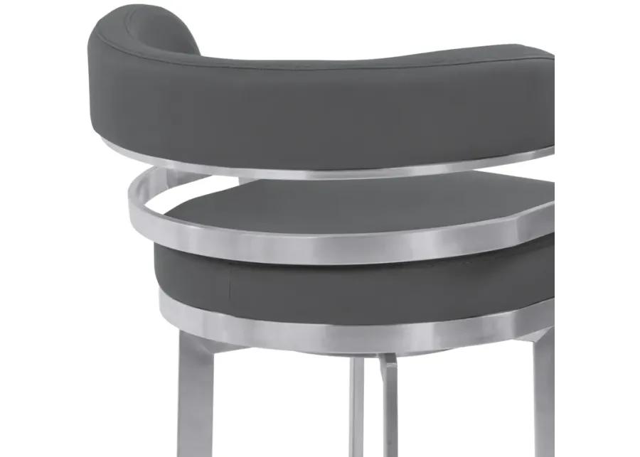 Prinz 30" Bar Height Swivel Grey Faux Leather and Brushed Stainless Steel Bar Stool