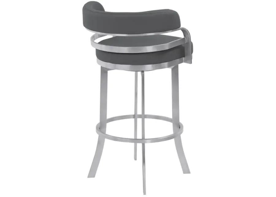 Prinz 30" Bar Height Swivel Grey Faux Leather and Brushed Stainless Steel Bar Stool