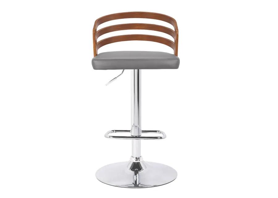 Adele Adjustable Height Swivel Grey Faux Leather and Walnut Wood Bar Stool with Chrome Base