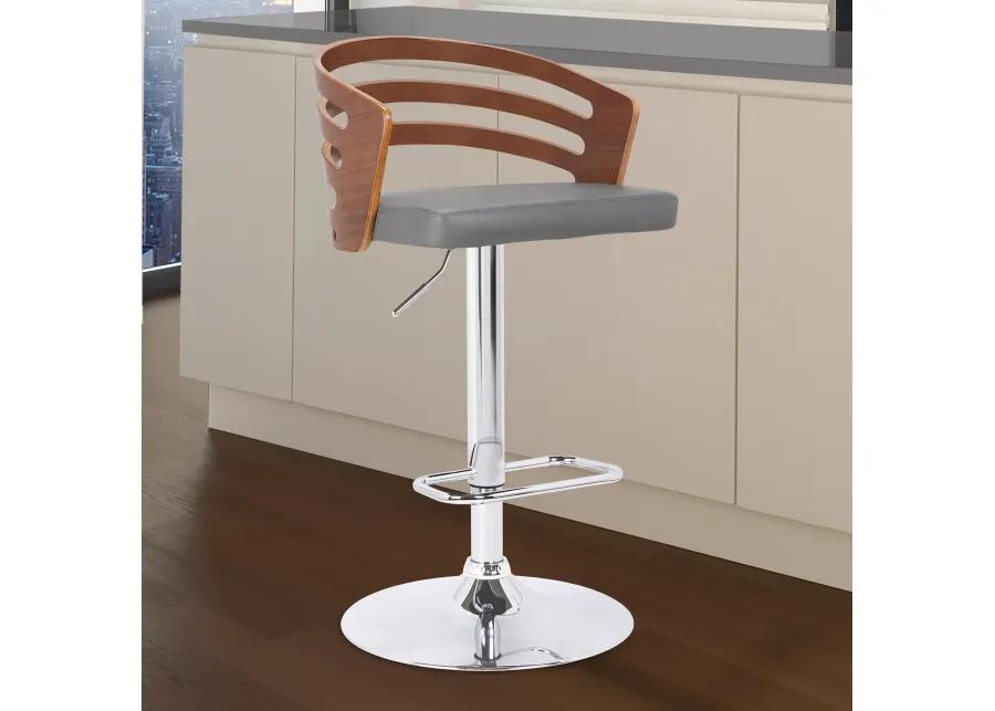 Adele Adjustable Height Swivel Grey Faux Leather and Walnut Wood Bar Stool with Chrome Base