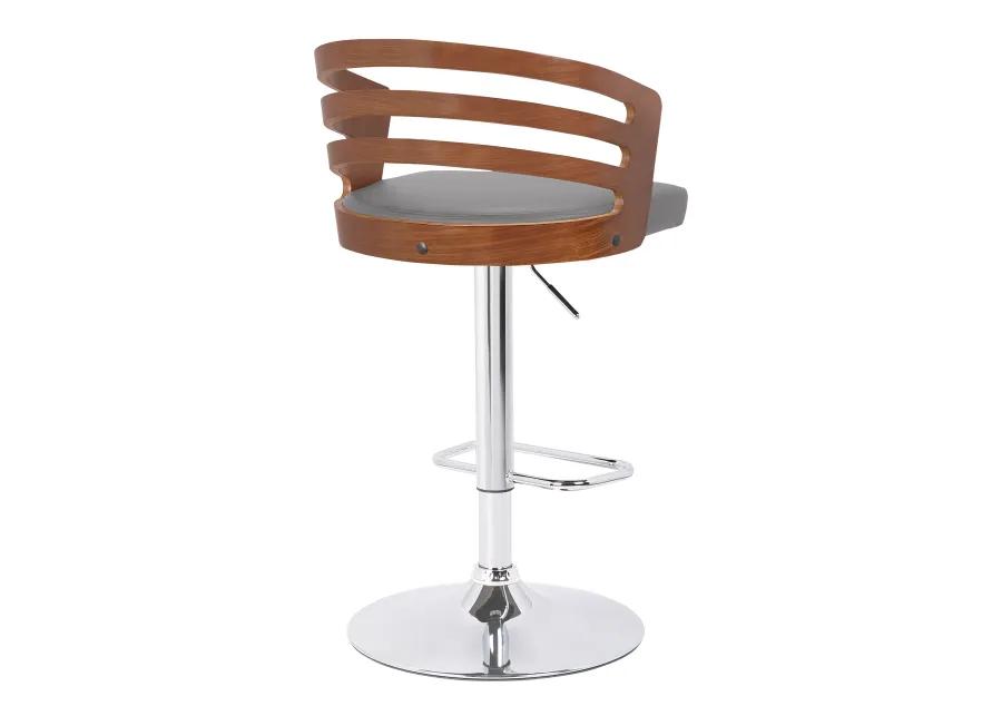 Adele Adjustable Height Swivel Grey Faux Leather and Walnut Wood Bar Stool with Chrome Base