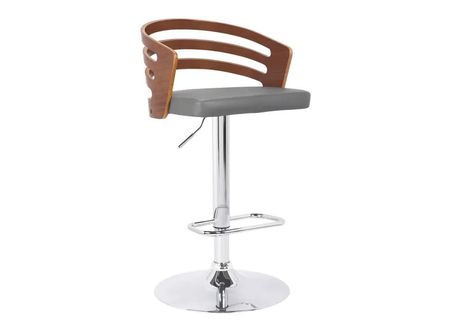 Adele Adjustable Height Swivel Grey Faux Leather and Walnut Wood Bar Stool with Chrome Base