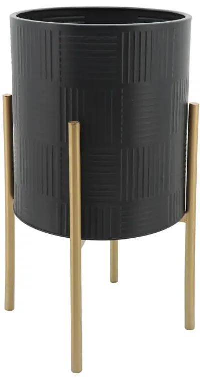 S/2 Planter W/ Lines On Metal Stand, Black/gold