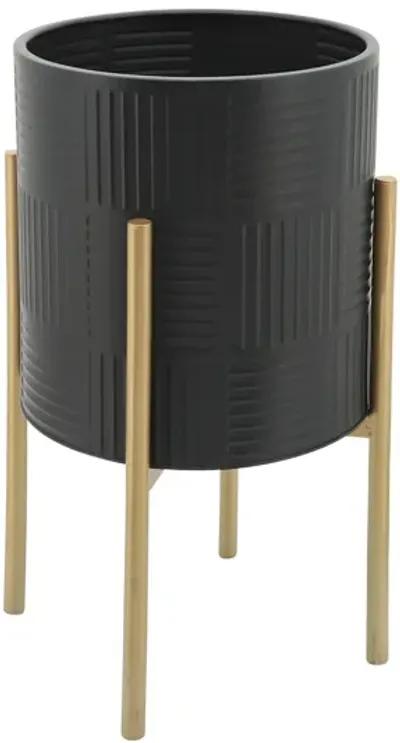 S/2 Planter W/ Lines On Metal Stand, Black/gold