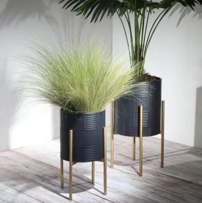 S/2 Planter W/ Lines On Metal Stand, Black/gold