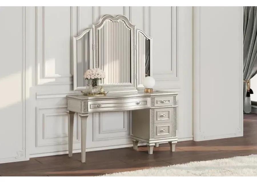 Evangeline 4-drawer Vanity Table with Faux Diamond Trim Silver and Ivory