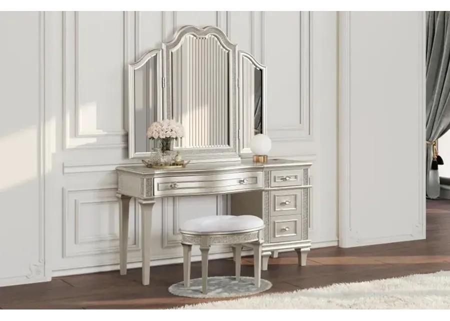 Evangeline 4-drawer Vanity Table with Faux Diamond Trim Silver and Ivory