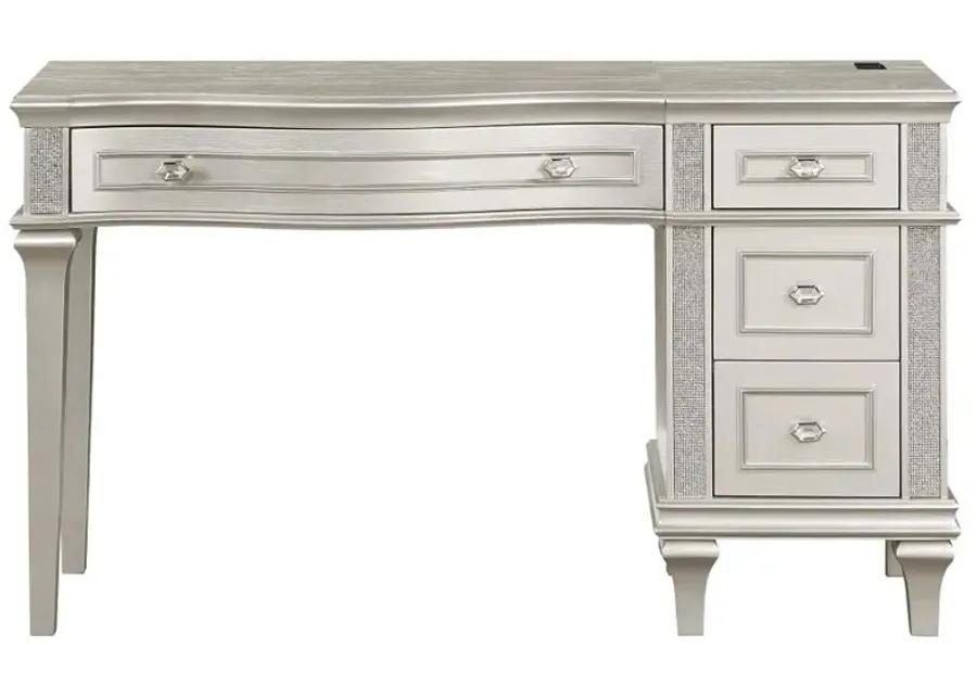 Evangeline 4-drawer Vanity Table with Faux Diamond Trim Silver and Ivory