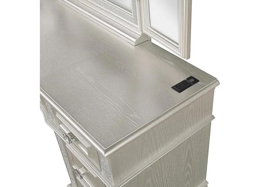 Evangeline 4-drawer Vanity Table with Faux Diamond Trim Silver and Ivory