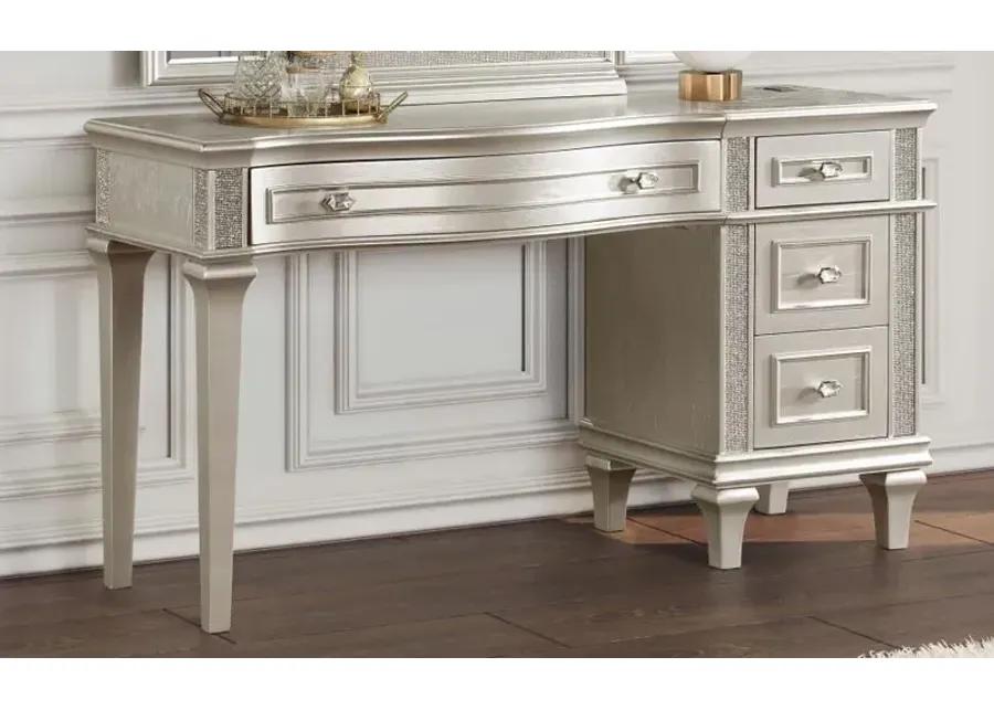 Evangeline 4-drawer Vanity Table with Faux Diamond Trim Silver and Ivory