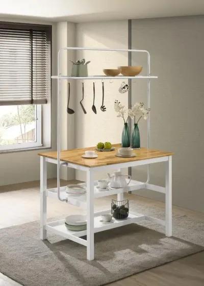 Hollis Kitchen Island Counter Height Table with Pot Rack Brown and White