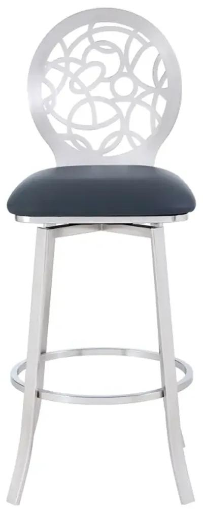 Lotus Contemporary 30" Bar Height Barstool in Brushed Stainless Steel Finish and Gray Faux Leather