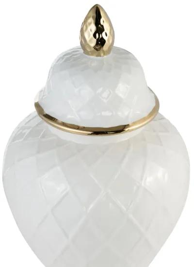 Cer, 20"h Rope Temple Jar, White/gold